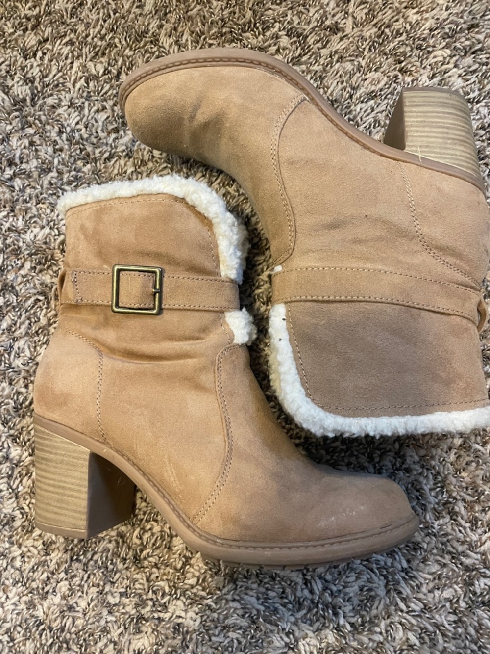 Suede Faux-Shearling Ankle Booties - Tan